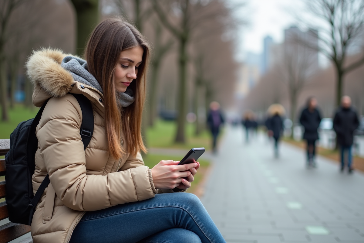 Jeune femme utilisant son smartphone dans un parc urbain