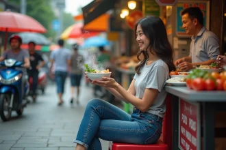 Jeune femme vietnamienne dégustant un pho dans la rue