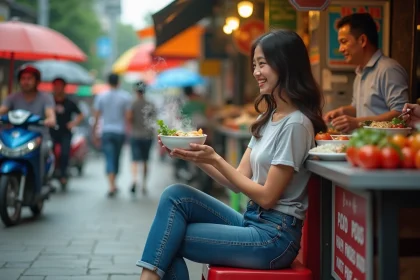Jeune femme vietnamienne d&eacute;gustant un pho dans la rue