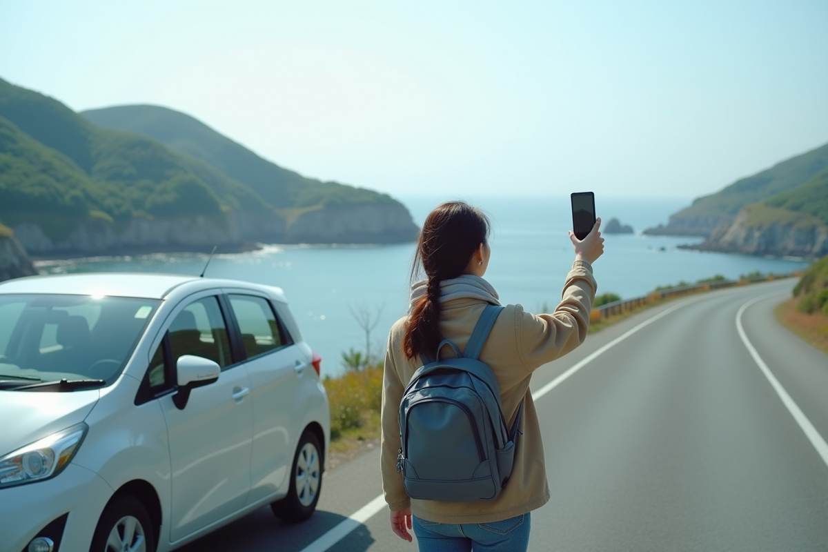 Femme prenant une photo panoramique du paysage côtier