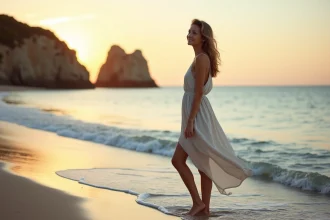 Jeune femme en linen au bord de la mer au coucher du soleil