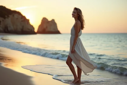 Jeune femme en linen au bord de la mer au coucher du soleil