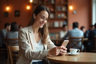 Femme utilisant une application de planification de trajet sur son smartphone dans un café urbain pour préparer son voyage sereinement