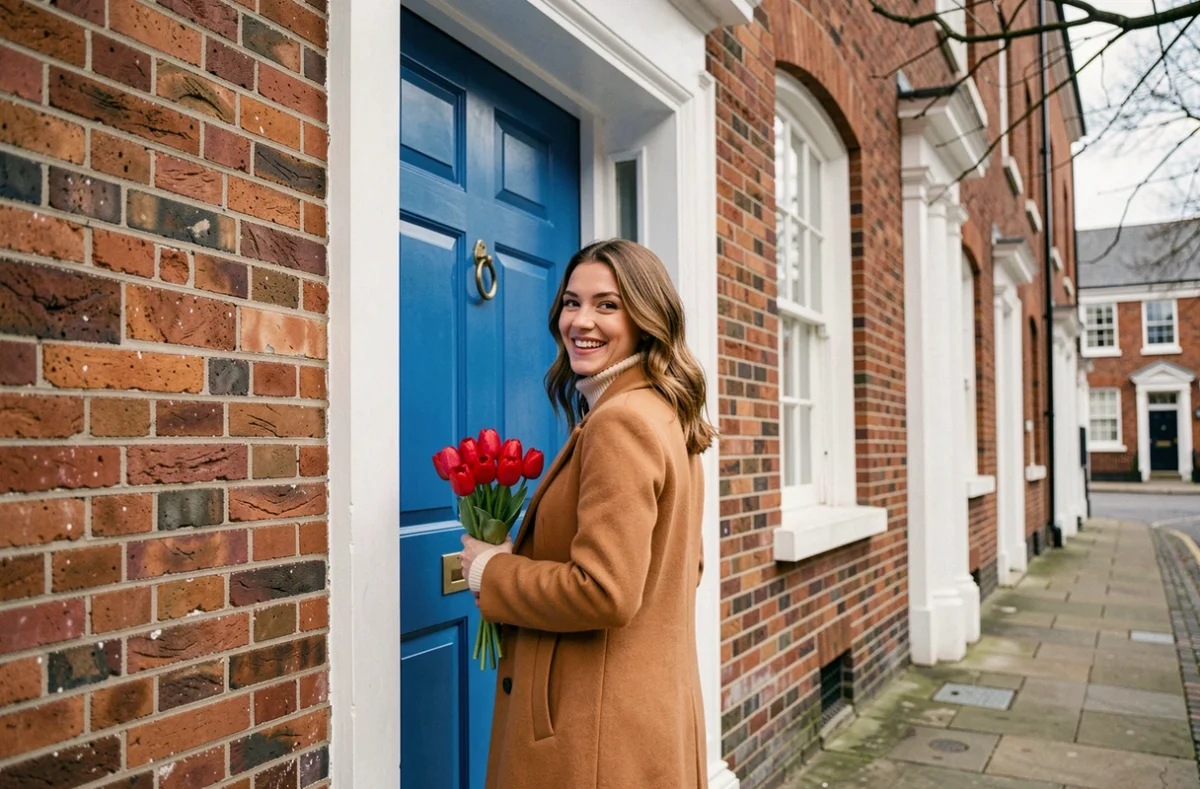 Femme souriante tenant un bouquet de tulipes rouges devant une porte géorgienne bleue emblématique de Dublin lors d'un séjour romantique en février