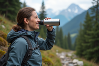 Jeune femme en randonnée buvant dans une bouteille réutilisable en montagne