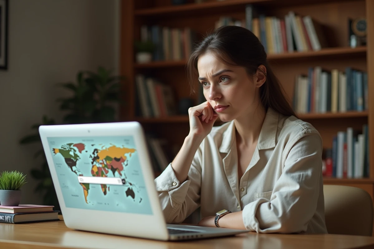 Femme cherchant une ville commençant par X sur une carte du monde depuis son bureau à domicile