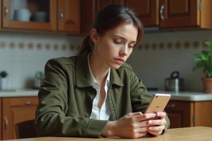 Femme en int&eacute;rieur regardant son smartphone avec incertitude