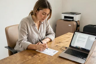 Femme remplissant une étiquette valise imprimée en PDF sur un bureau en bois à domicile