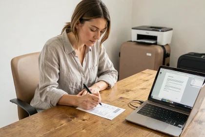 Femme remplissant une étiquette valise imprimée en PDF sur un bureau en bois à domicile