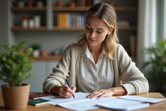 Femme remplissant un formulaire de renouvellement de passeport à la maison