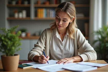 Femme remplissant un formulaire de renouvellement de passeport à la maison