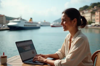 Femme consultant le site Directferries sur un ordinateur portable près d'un port de ferry méditerranéen
