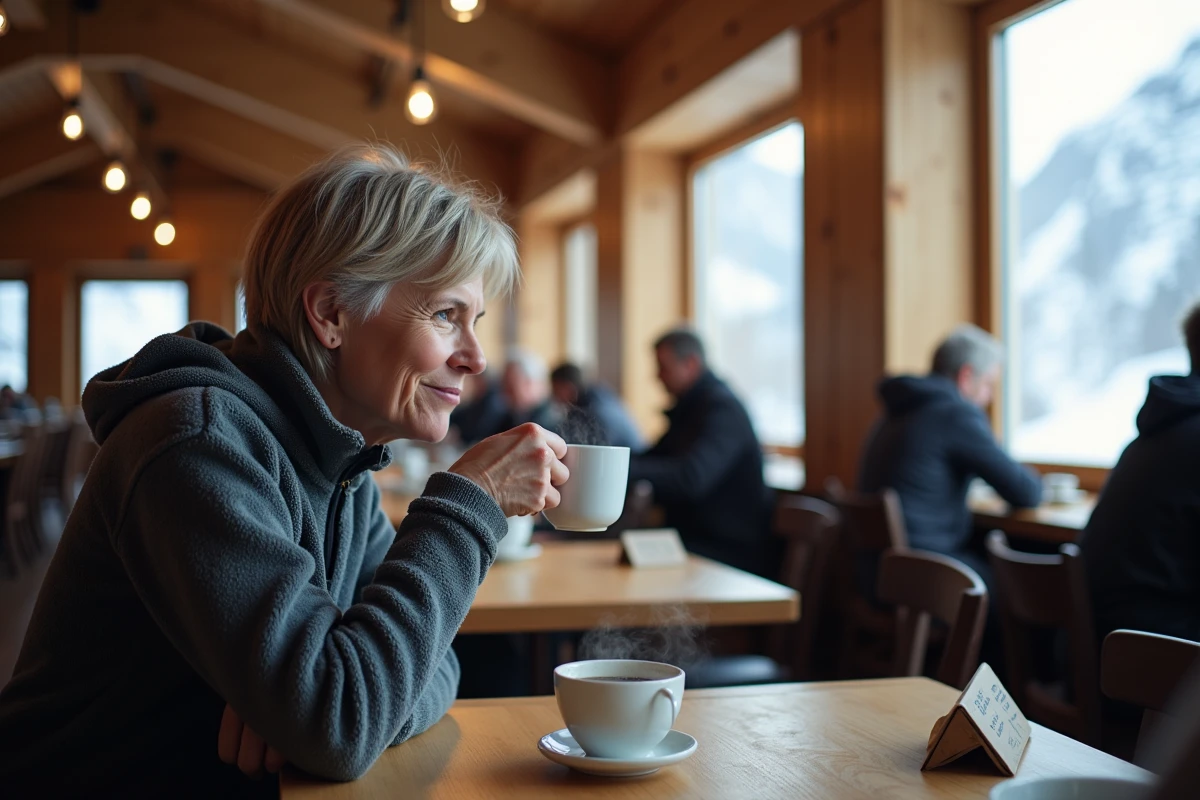Femme en refuge montagnard buvant un café dans un intérieur chaleureux