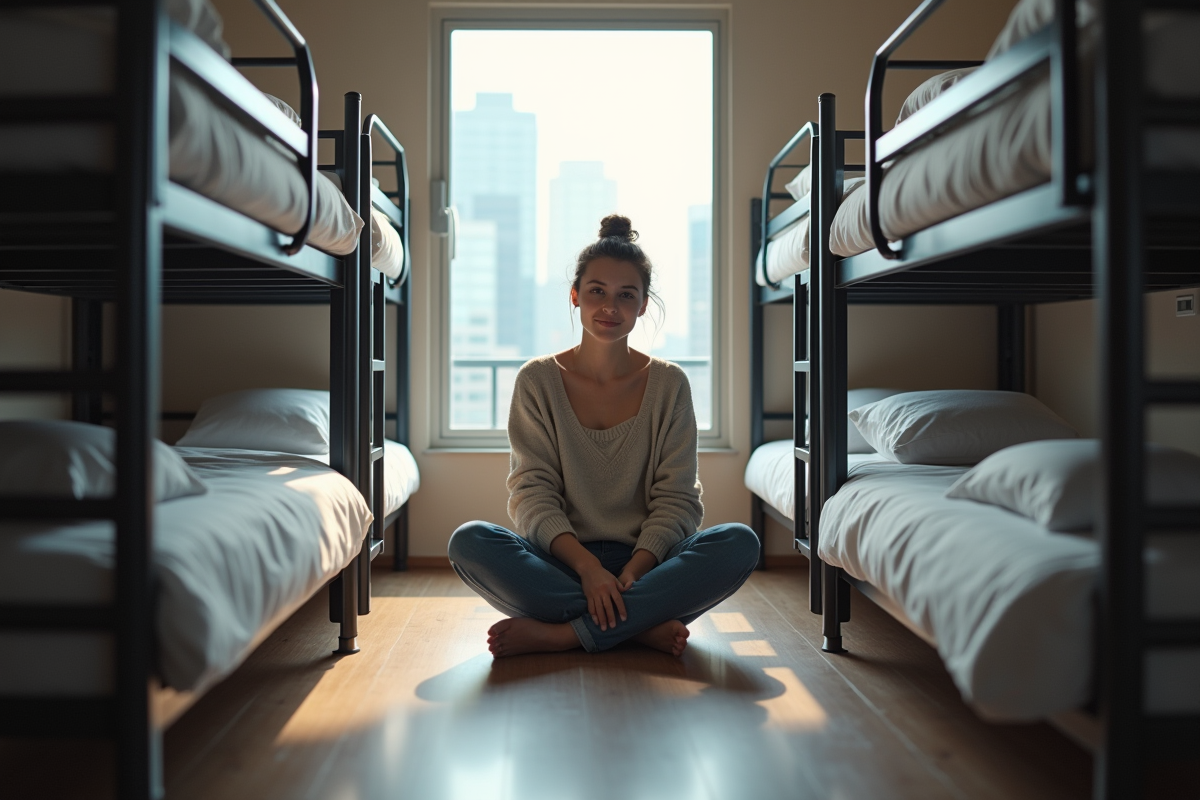 Femme voyageuse assise sur un lit superposé dans un dortoir moderne