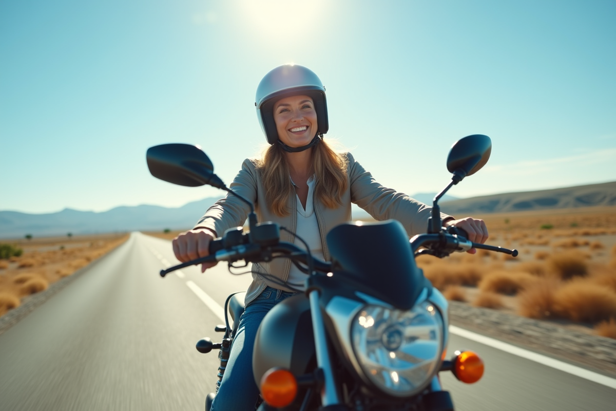 Femme souriante en moto avec casque sur une route ensoleillee