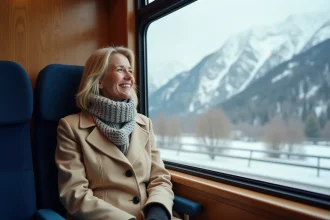 Femme souriante dans un train avec vue sur montagnes enneigees