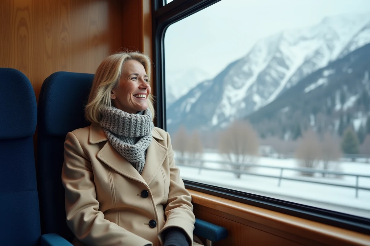 Femme souriante dans un train avec vue sur montagnes enneigees