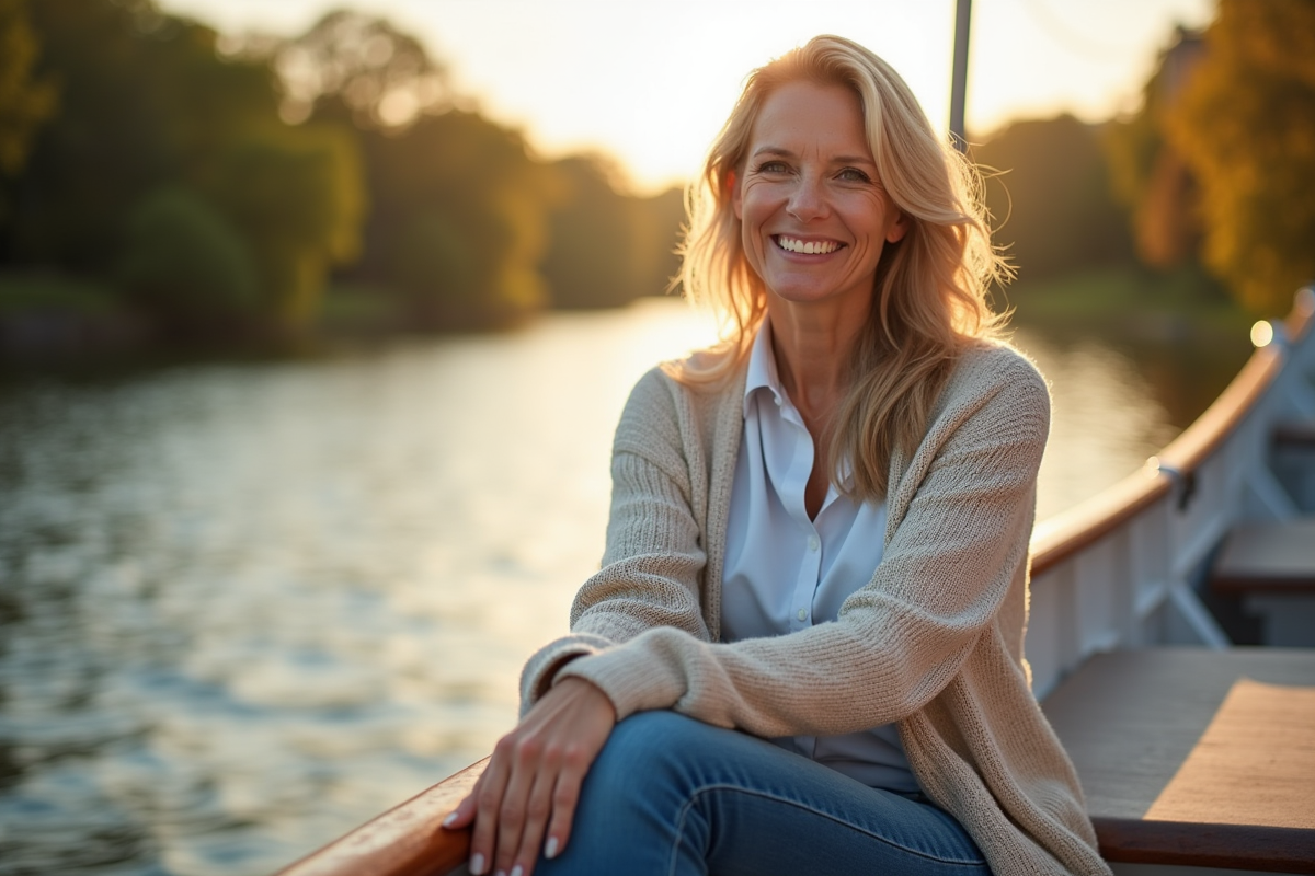 Femme souriante en jeans et pull sur un pont de bateau