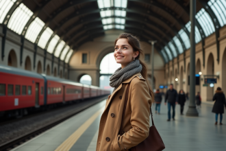 Jeune femme dans la gare d'Anvers centrale avec architecture impressionnante
