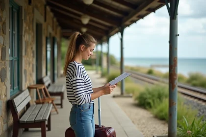 Jeune femme à la gare bretonne en tenue décontractée