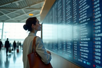 Femme consultant un tableau des départs dans un aéroport international pour calculer son heure d'arrivée à Miami avec décalage horaire