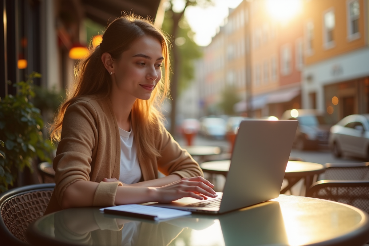 Jeune femme travaillant en extérieur sur son ordinateur dans un café urbain