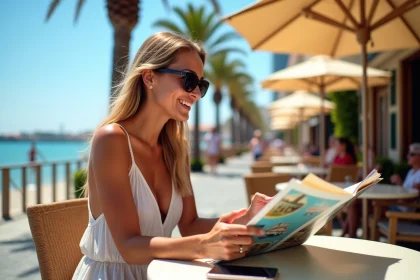 Femme souriante en &eacute;t&eacute; pointant une destination sur brochure