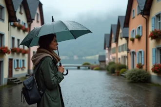 Femme souriante avec parapluie dans le village de Hallstatt