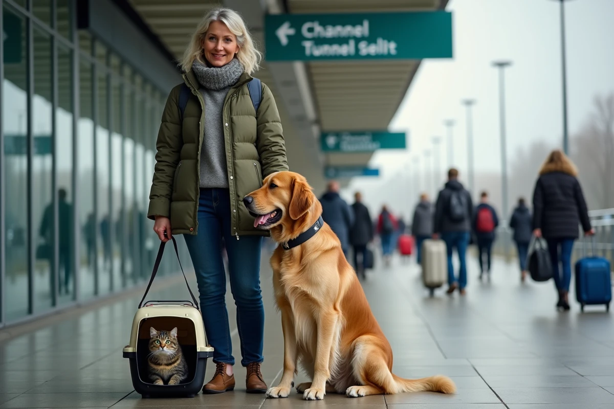 Femme voyageant avec ses animaux devant le tunnel sous la Manche