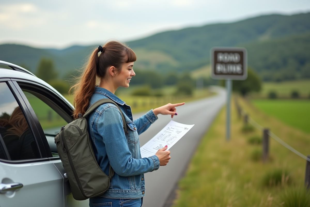 Jeune femme en extérieur étudie un itinéraire près de sa voiture