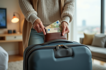 Femme voyageant rangeant billets euros dans sa valise
