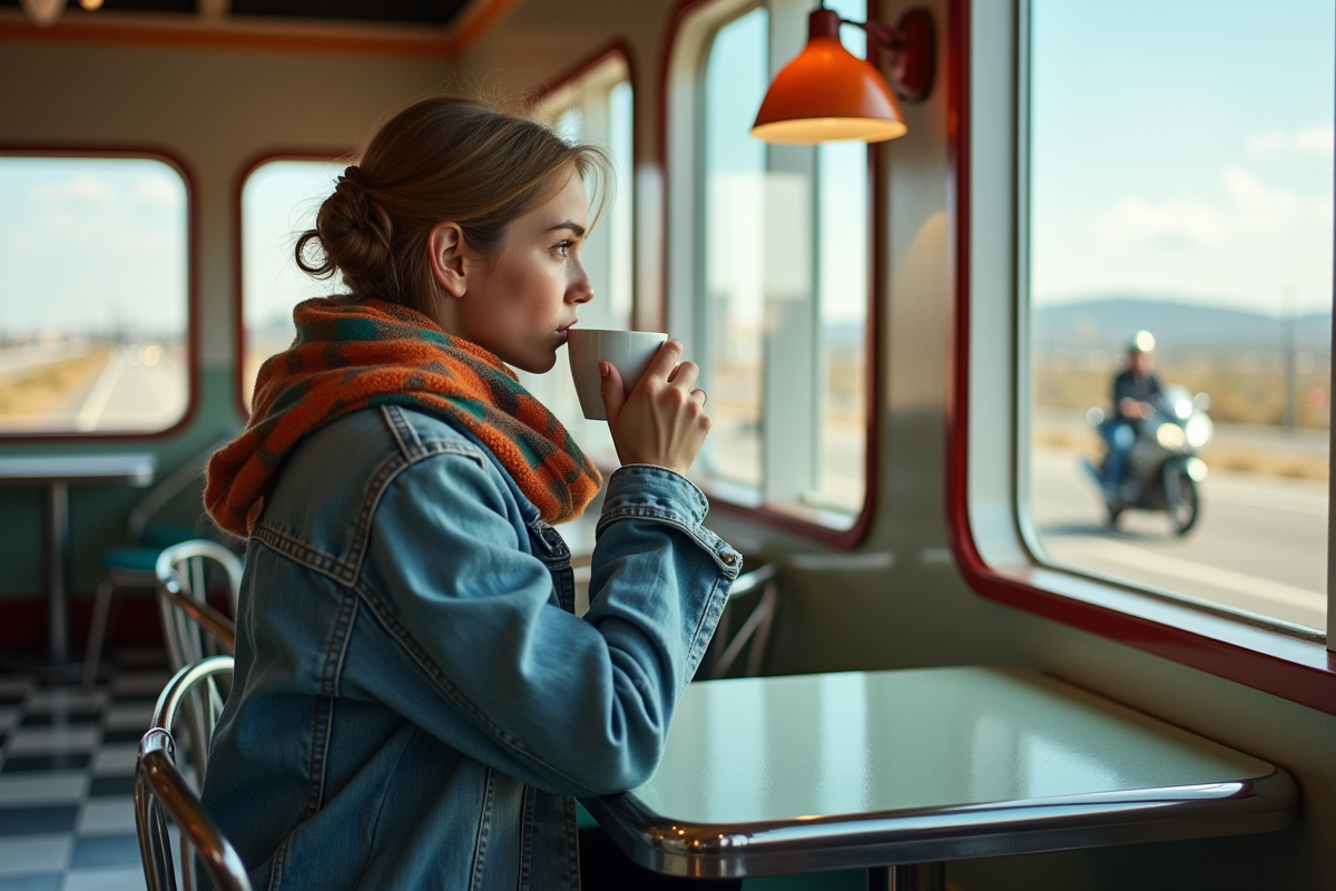 Jeune femme buvant un café dans un diner américain