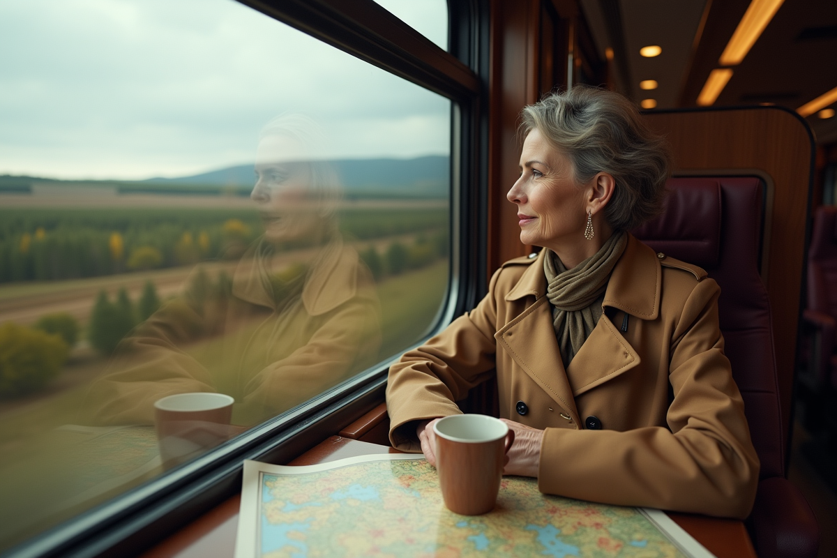 Femme regardant par la fenetre du train en Russie