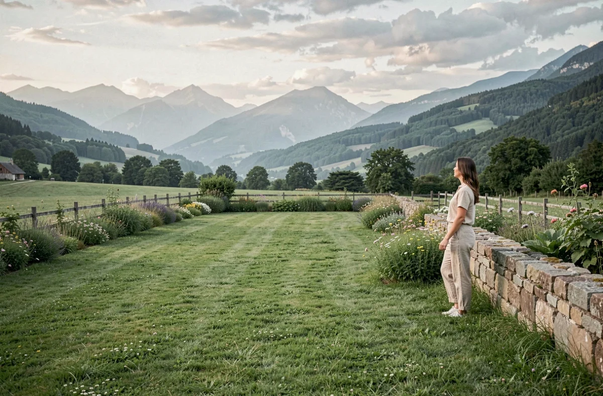 Grand jardin verdoyant de la Ferme de Malo à Thannenkirch avec vue panoramique sur les Vosges
