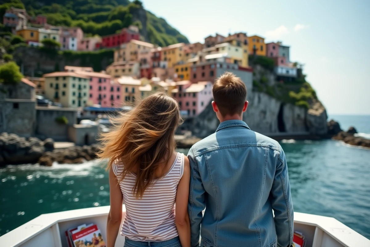 Couple sur le ferry quittant Manarola avec le village coloré des Cinq Terres en arrière-plan