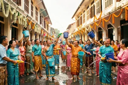 Fête de l'eau animée lors du Nouvel An khmer à Siem Reap, avec des habitants en tenues traditionnelles colorées s'aspergeant joyeusement dans la rue