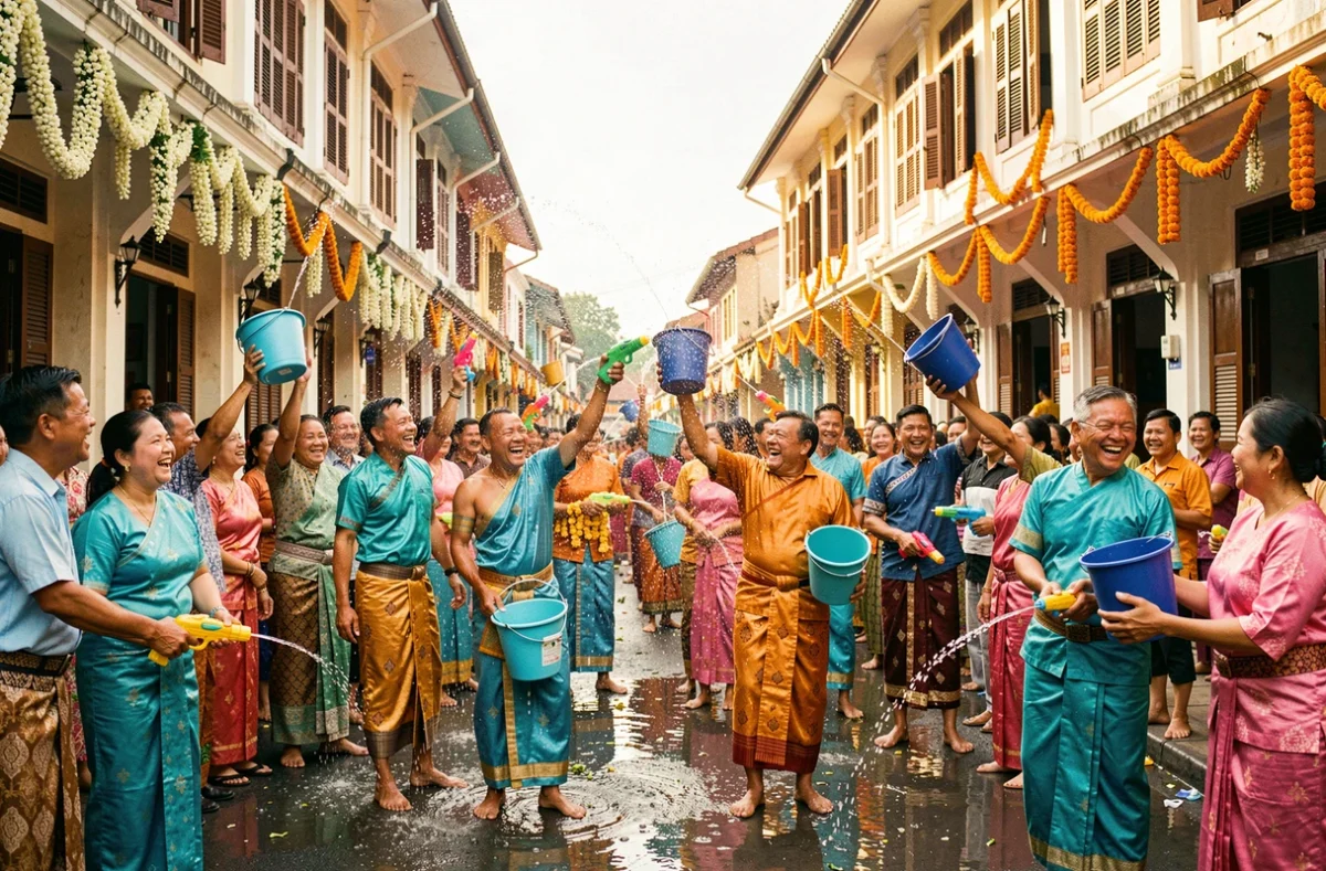 Fête de l'eau animée lors du Nouvel An khmer à Siem Reap, avec des habitants en tenues traditionnelles colorées s'aspergeant joyeusement dans la rue