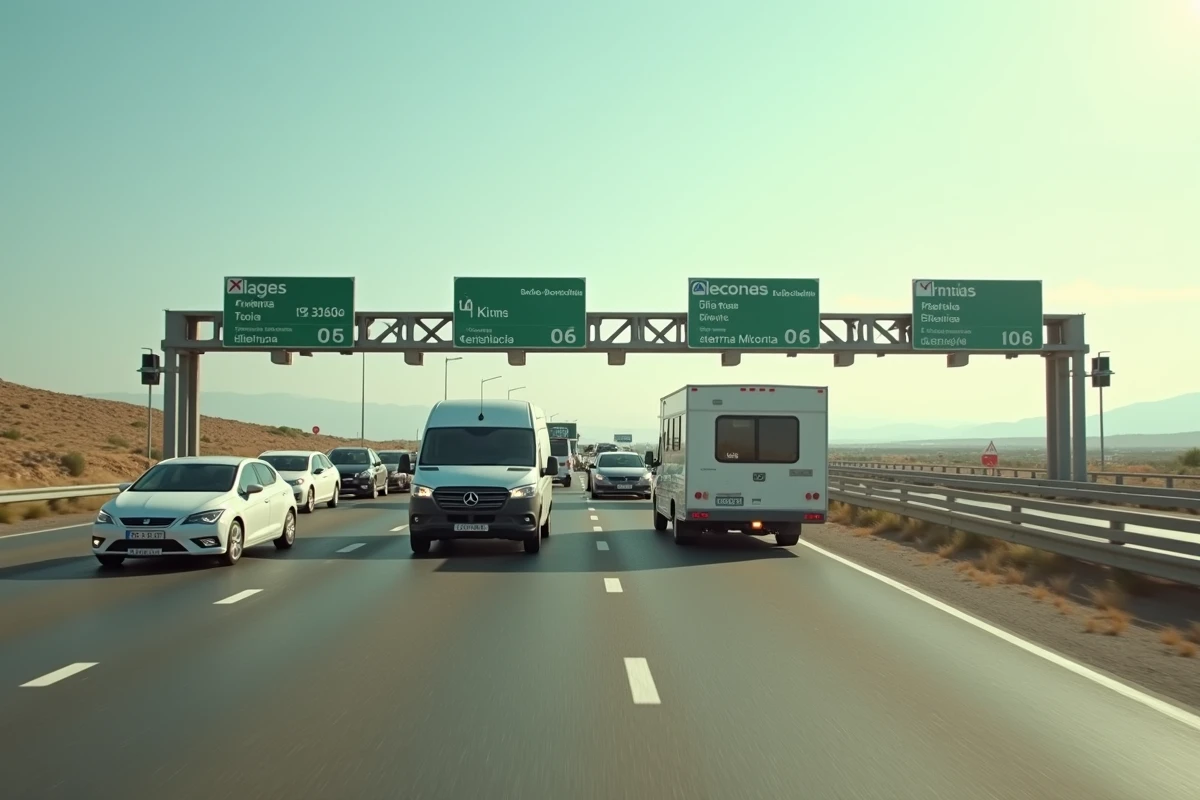 File de voitures faisant la queue devant un péage sur une autoroute espagnole en été