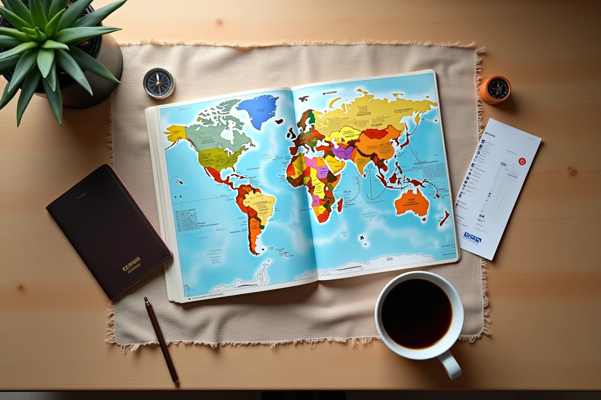 Flat lay avec atlas ouvert sur la route Paris Sydney, passeport, boussole et café sur bureau en bois