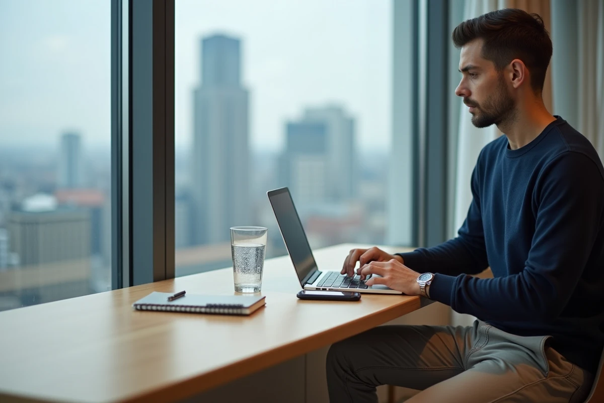 Freelance travaillant dans un salon business d'hôtel avec vue sur la ville grâce à un forfait daysue