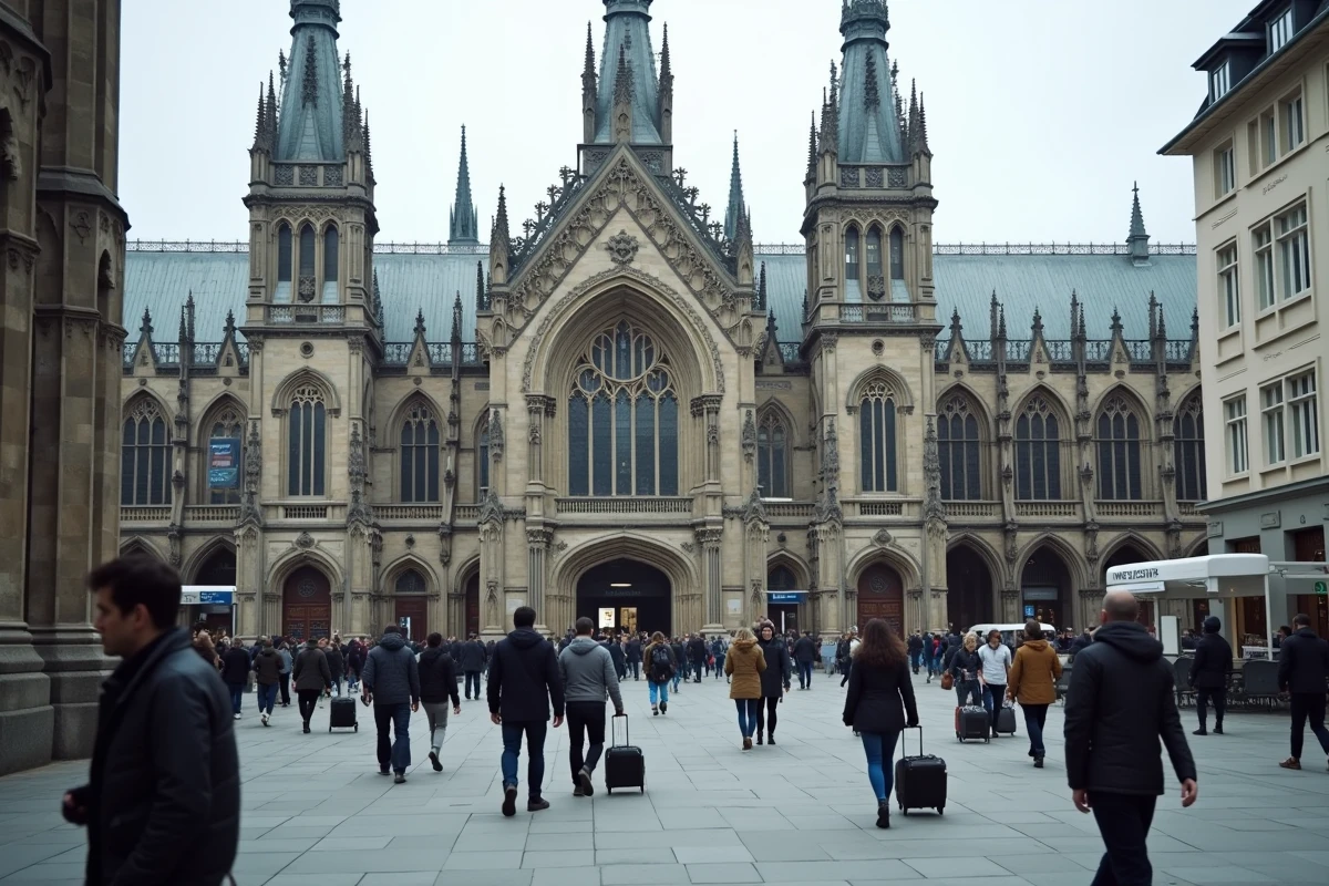 Façade de la gare centrale de Cologne avec la cathédrale gothique en arrière-plan