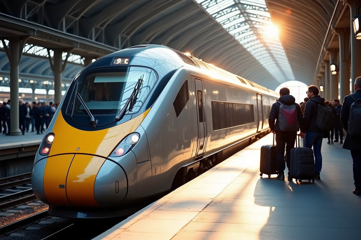 Train Eurostar à la gare avec voyageurs en attente
