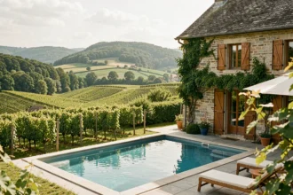 Vue panoramique d'un gîte avec piscine privée entouré de vignes et de collines alsaciennes dans le Grand Est