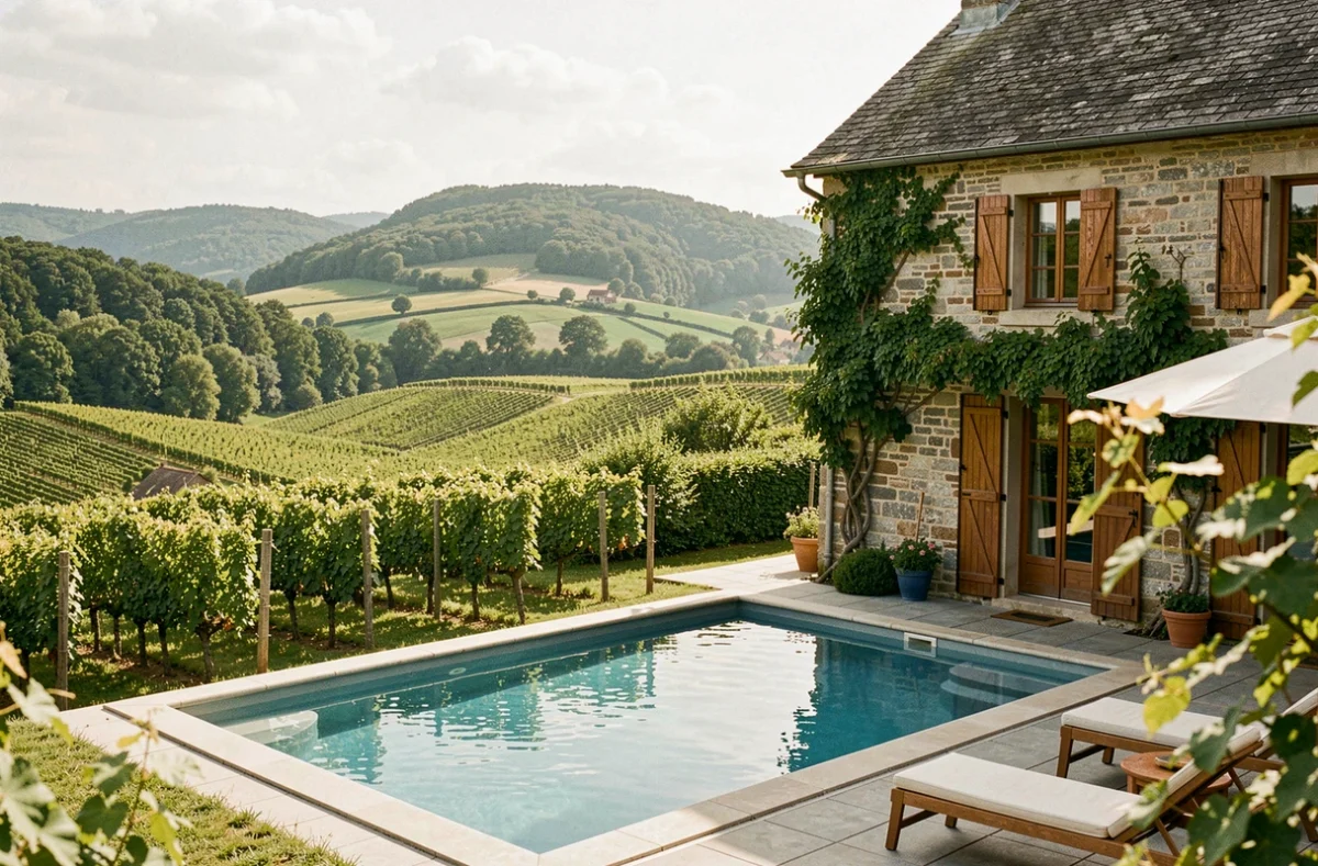 Vue panoramique d'un gîte avec piscine privée entouré de vignes et de collines alsaciennes dans le Grand Est