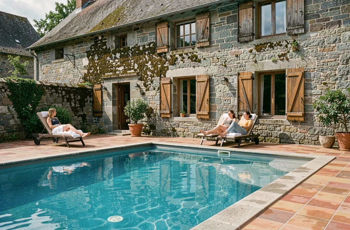 Piscine chauffée de la Grange de Louise à La Bresse avec façade en pierre vosgienne traditionnelle