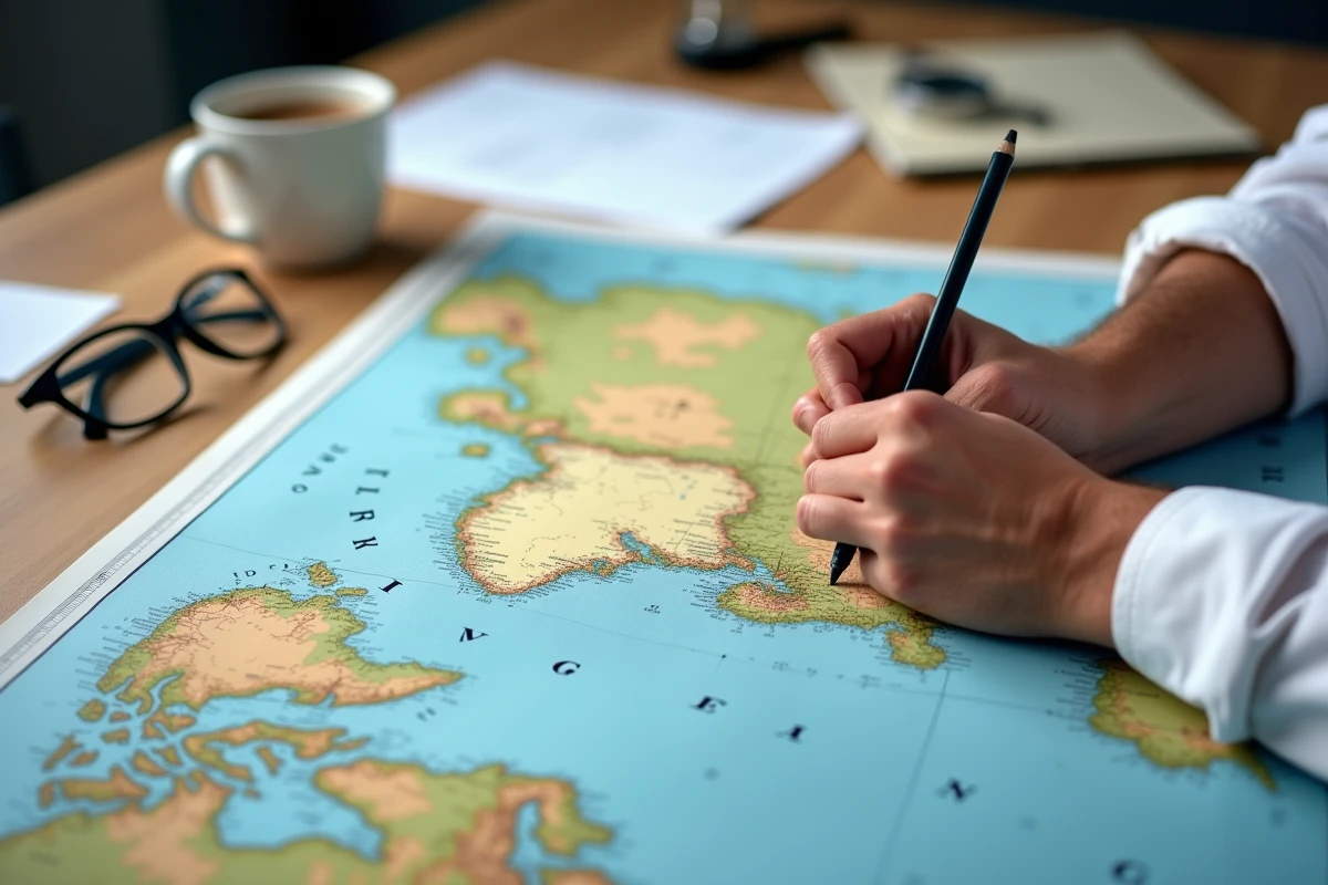 Gros plan d'une carte du monde papier sur une table avec une main traçant les contours du Groenland au crayon, questionnant les erreurs de projection cartographique