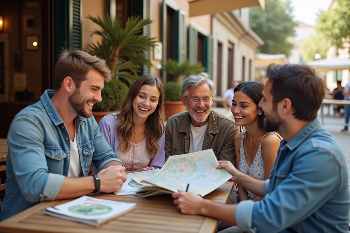Jeunes aidant un touriste à lire une carte en terrasse