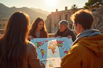 Groupe de personnes examinant une carte du patrimoine mondial UNESCO à l'extérieur