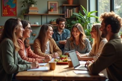 Groupe de jeunes voyageurs discutant dans une auberge conviviale