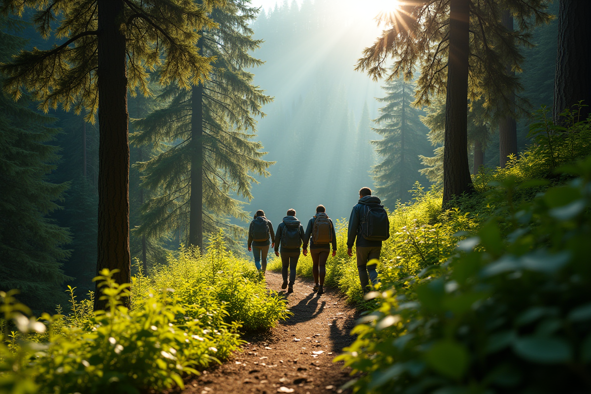 Groupe de randonneurs dans une forêt montagneuse verdoyante
